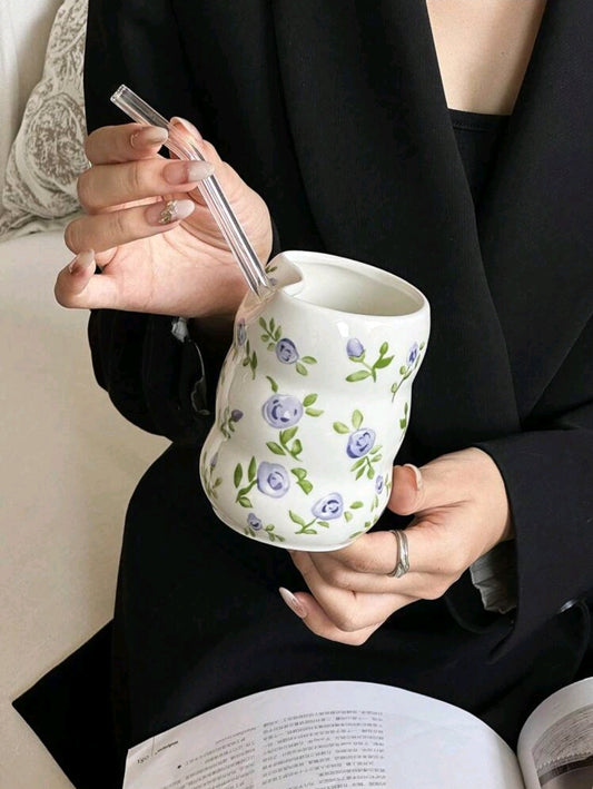 Ceramic Blue Flower Mug With Straw 350ml