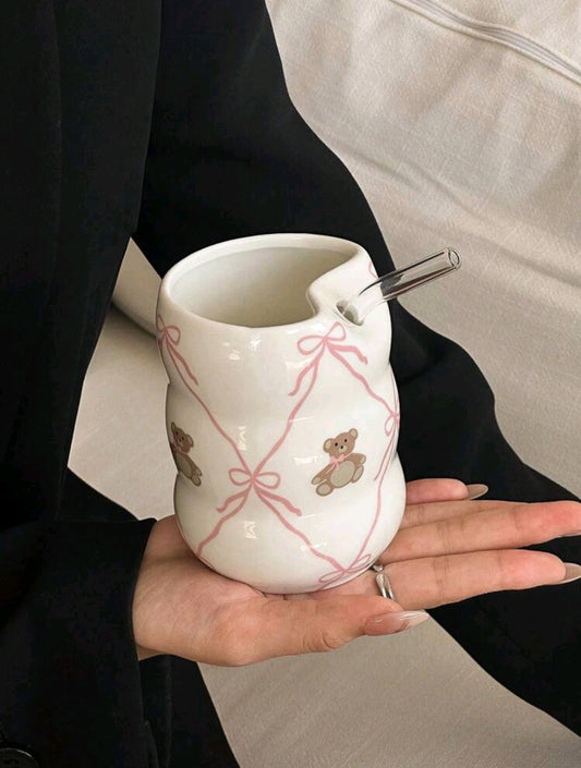 Ceramic Teddy Mug With Straw 350ml