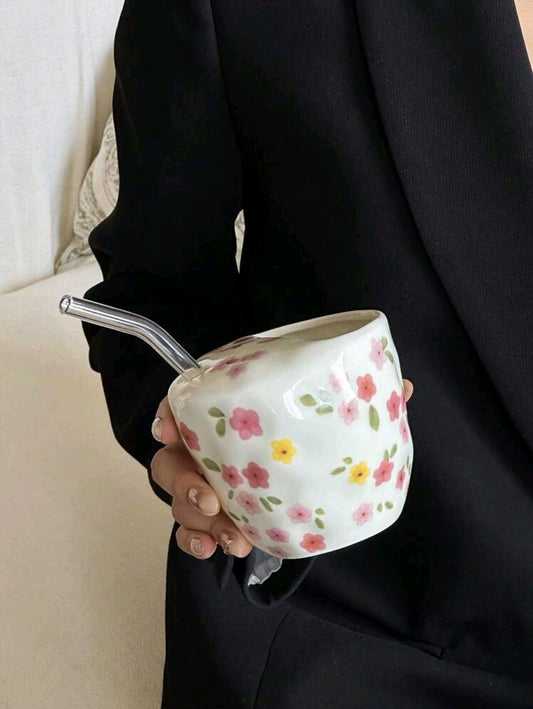 Ceramic Flower Mug With Straw 320ml