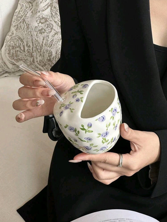 Ceramic Blue Flower Mug With Straw 320ml