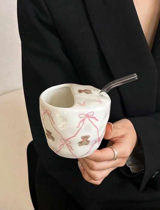 Ceramic Teddy Mug With Straw 320ml